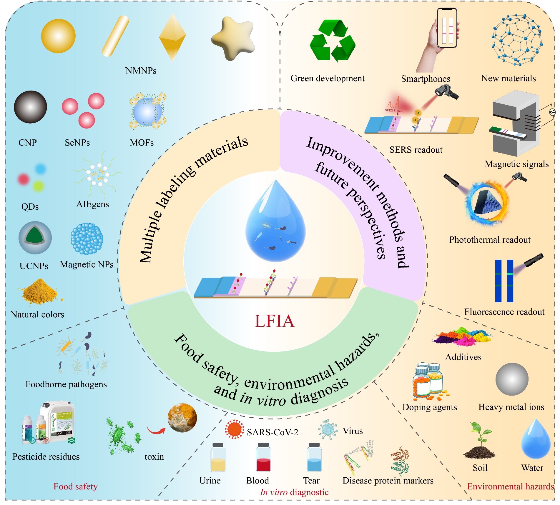 基于LFIA的生物标志物检测示意图：从多样化的标记材料和多场景生物标志物到改进策略和未来展望