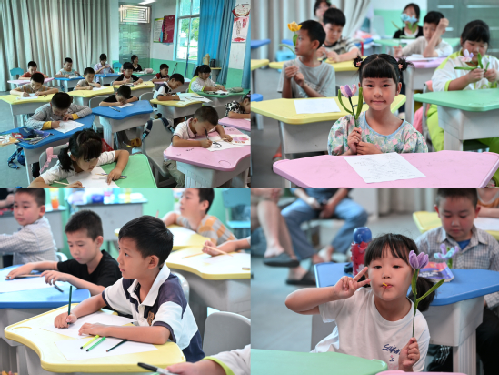 (留守儿童学习制作手工爱心花朵)